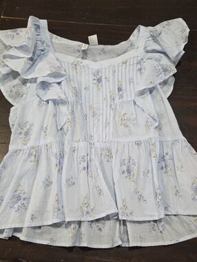 Divided Light Blue Floral Ruffle Blouse